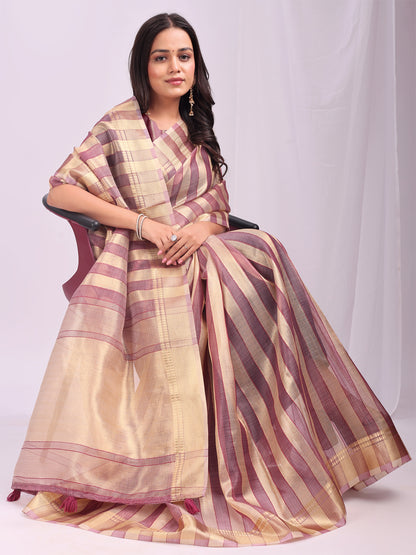 Astita  Purple Gold Organza Saree with Subtle Zari Weave | Lightweight Festive Saree for Women | Elegant Traditional Look | Golden Border & Pallu | Perfect for Weddings, Puja & Gifting