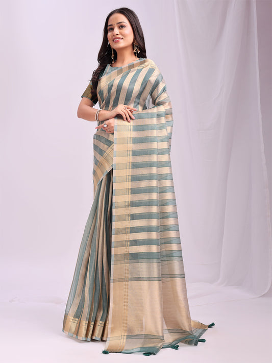 Astita  Green Gold Organza Saree with Subtle Zari Weave | Lightweight Festive Saree for Women | Elegant Traditional Look | Golden Border & Pallu | Perfect for Weddings, Puja & Gifting