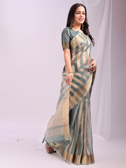 Astita  Green Gold Organza Saree with Subtle Zari Weave | Lightweight Festive Saree for Women | Elegant Traditional Look | Golden Border & Pallu | Perfect for Weddings, Puja & Gifting