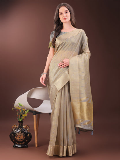 Astita Elegant Gold Beige Organza Saree with Zari Border | Party Wear Lightweight Saree with Blouse for Women