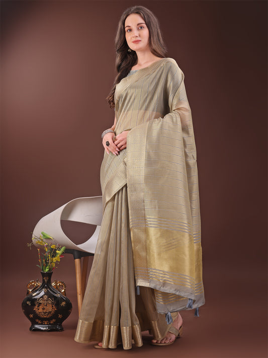 Astita Elegant Gold Beige Organza Saree with Zari Border | Party Wear Lightweight Saree with Blouse for Women