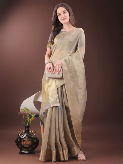 Astita Elegant Gold Beige Organza Saree with Zari Border | Party Wear Lightweight Saree with Blouse for Women
