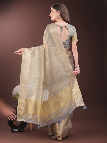 Astita Elegant Gold Beige Organza Saree with Zari Border | Party Wear Lightweight Saree with Blouse for Women