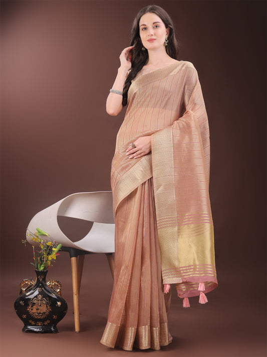 Astita Elegant Gold Peach Organza Saree with Zari Border | Party Wear Lightweight Saree with Blouse for Women