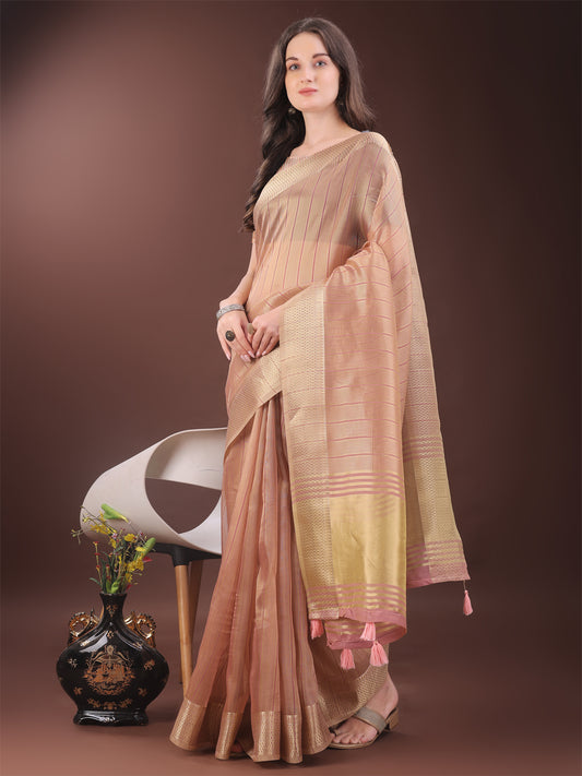 Astita Elegant Gold Peach Organza Saree with Zari Border | Party Wear Lightweight Saree with Blouse for Women