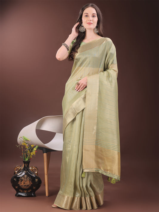 Astita Elegant Gold Mint Green Organza Saree with Zari Border | Party Wear Lightweight Saree with Blouse for Women