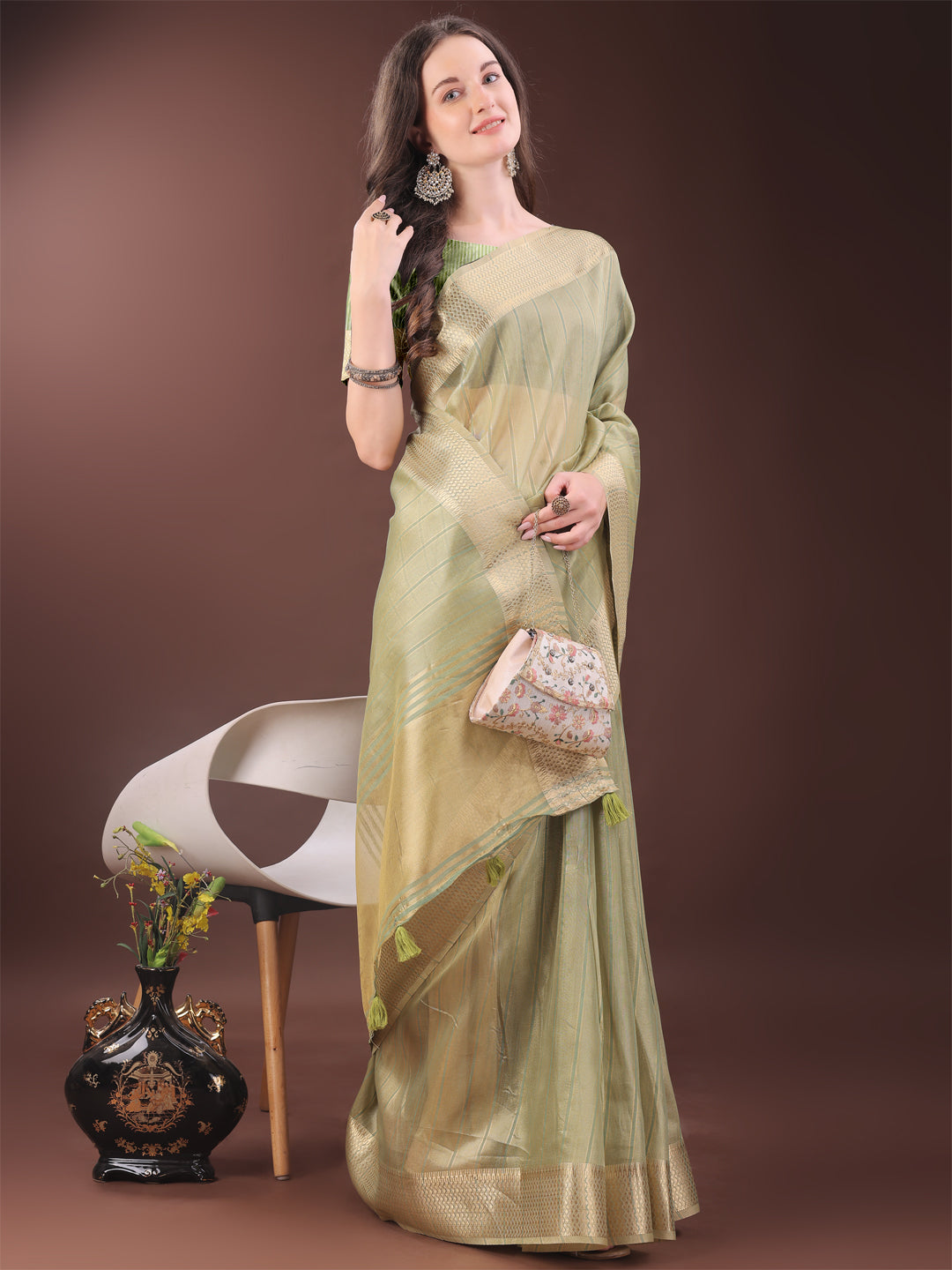 Astita Elegant Gold Mint Green Organza Saree with Zari Border | Party Wear Lightweight Saree with Blouse for Women
