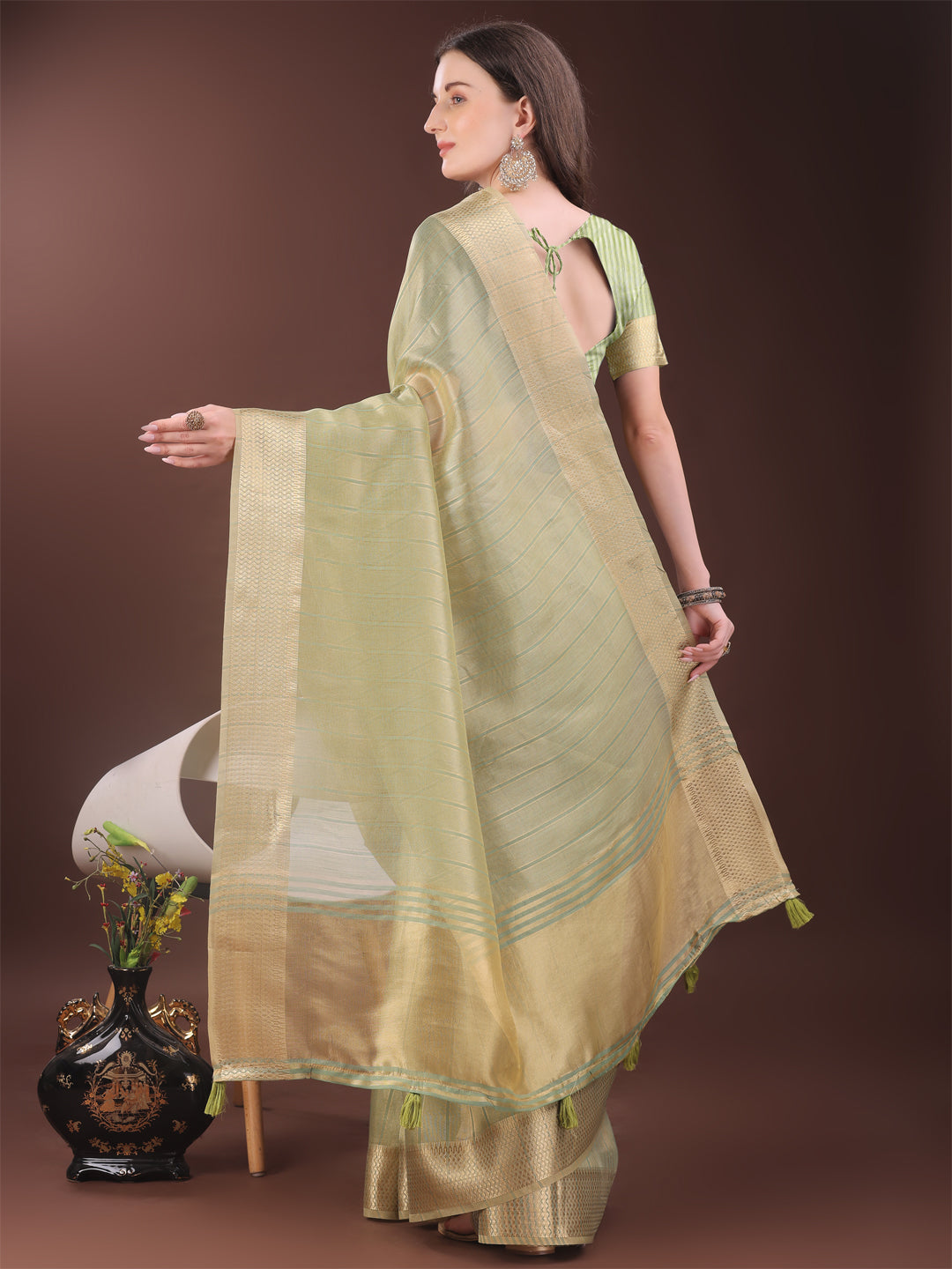 Astita Elegant Gold Mint Green Organza Saree with Zari Border | Party Wear Lightweight Saree with Blouse for Women