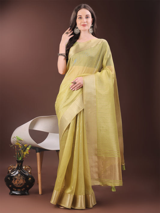 Astita Elegant Gold Yellow Organza Saree with Zari Border | Party Wear Lightweight Saree with Blouse for Women