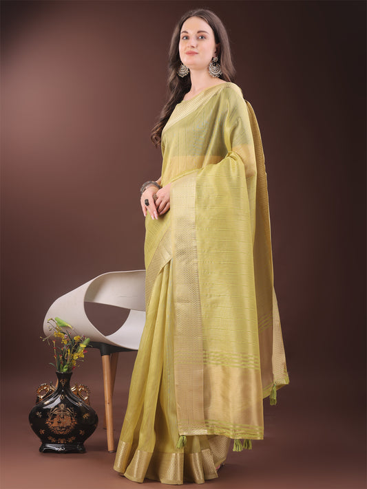 Astita Elegant Gold Yellow Organza Saree with Zari Border | Party Wear Lightweight Saree with Blouse for Women
