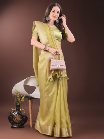 Astita Elegant Gold Yellow Organza Saree with Zari Border | Party Wear Lightweight Saree with Blouse for Women