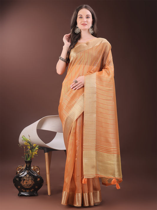 Astita Elegant Gold Orange Organza Saree with Zari Border | Party Wear Lightweight Saree with Blouse for Women