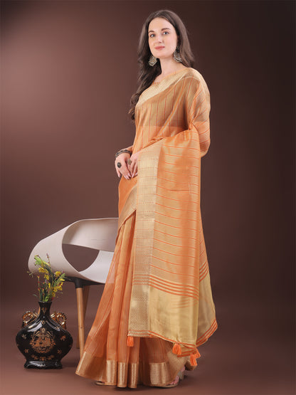 Astita Elegant Gold Orange Organza Saree with Zari Border | Party Wear Lightweight Saree with Blouse for Women