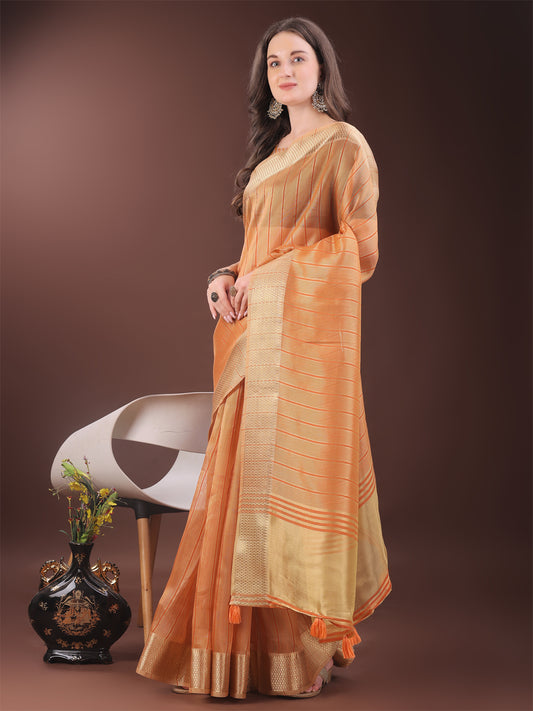 Astita Elegant Gold Orange Organza Saree with Zari Border | Party Wear Lightweight Saree with Blouse for Women