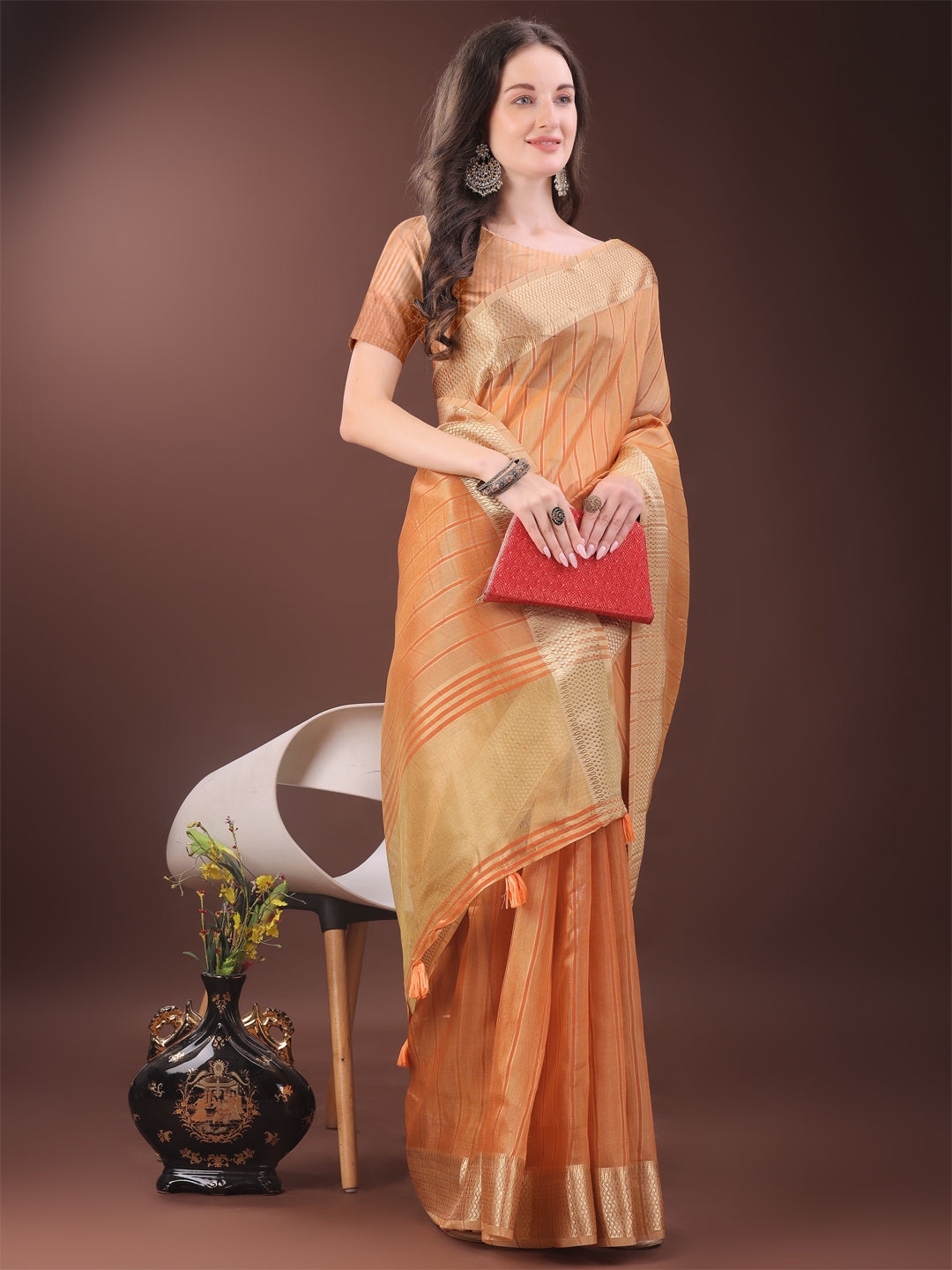Astita Elegant Gold Orange Organza Saree with Zari Border | Party Wear Lightweight Saree with Blouse for Women