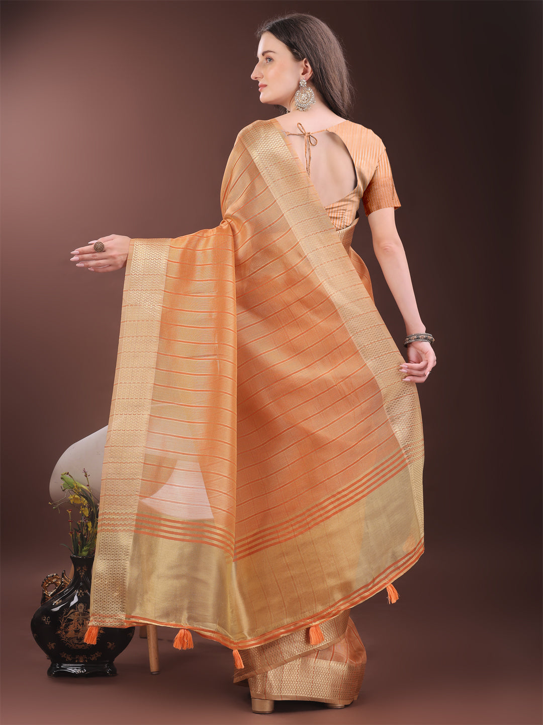Astita Elegant Gold Orange Organza Saree with Zari Border | Party Wear Lightweight Saree with Blouse for Women