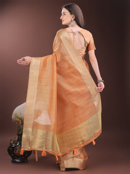 Astita Elegant Gold Orange Organza Saree with Zari Border | Party Wear Lightweight Saree with Blouse for Women
