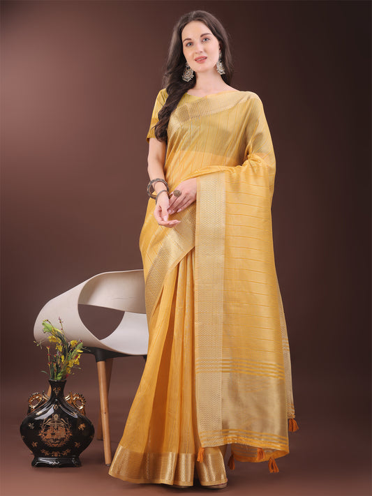 Astita Elegant Gold Mustrad Organza Saree with Zari Border | Party Wear Lightweight Saree with Blouse for Women