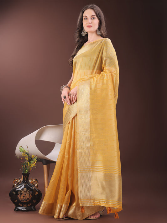 Astita Elegant Gold Mustrad Organza Saree with Zari Border | Party Wear Lightweight Saree with Blouse for Women