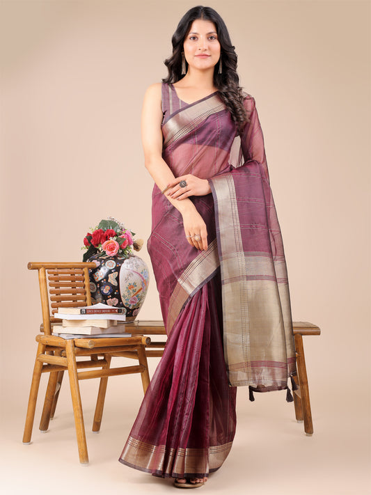 Wine Purple Organza Saree with Golden Border – Bold Elegance in Every Drape