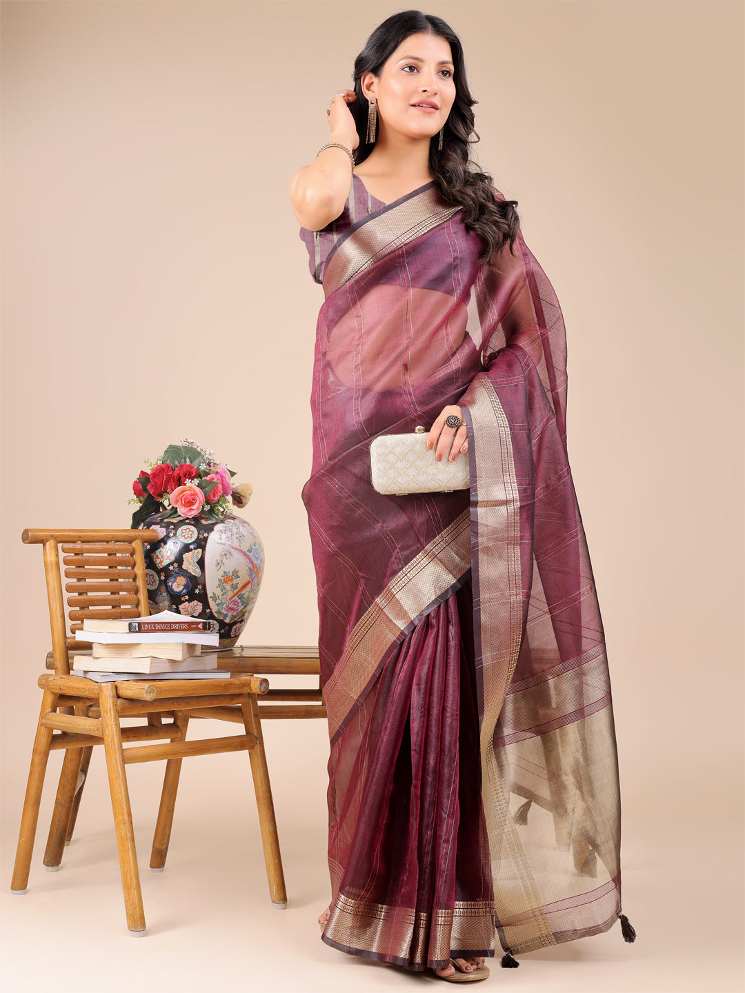 Wine Purple Organza Saree with Golden Border – Bold Elegance in Every Drape