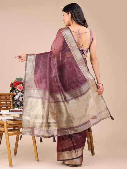 Wine Purple Organza Saree with Golden Border – Bold Elegance in Every Drape