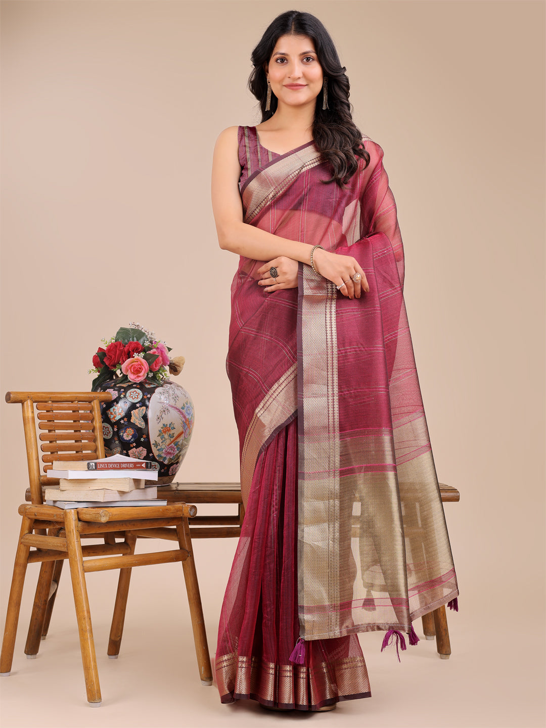 Magenta Organza Saree with Golden Border – Bold Elegance in Every Drape