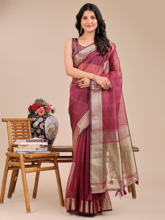 Magenta Organza Saree with Golden Border – Bold Elegance in Every Drape