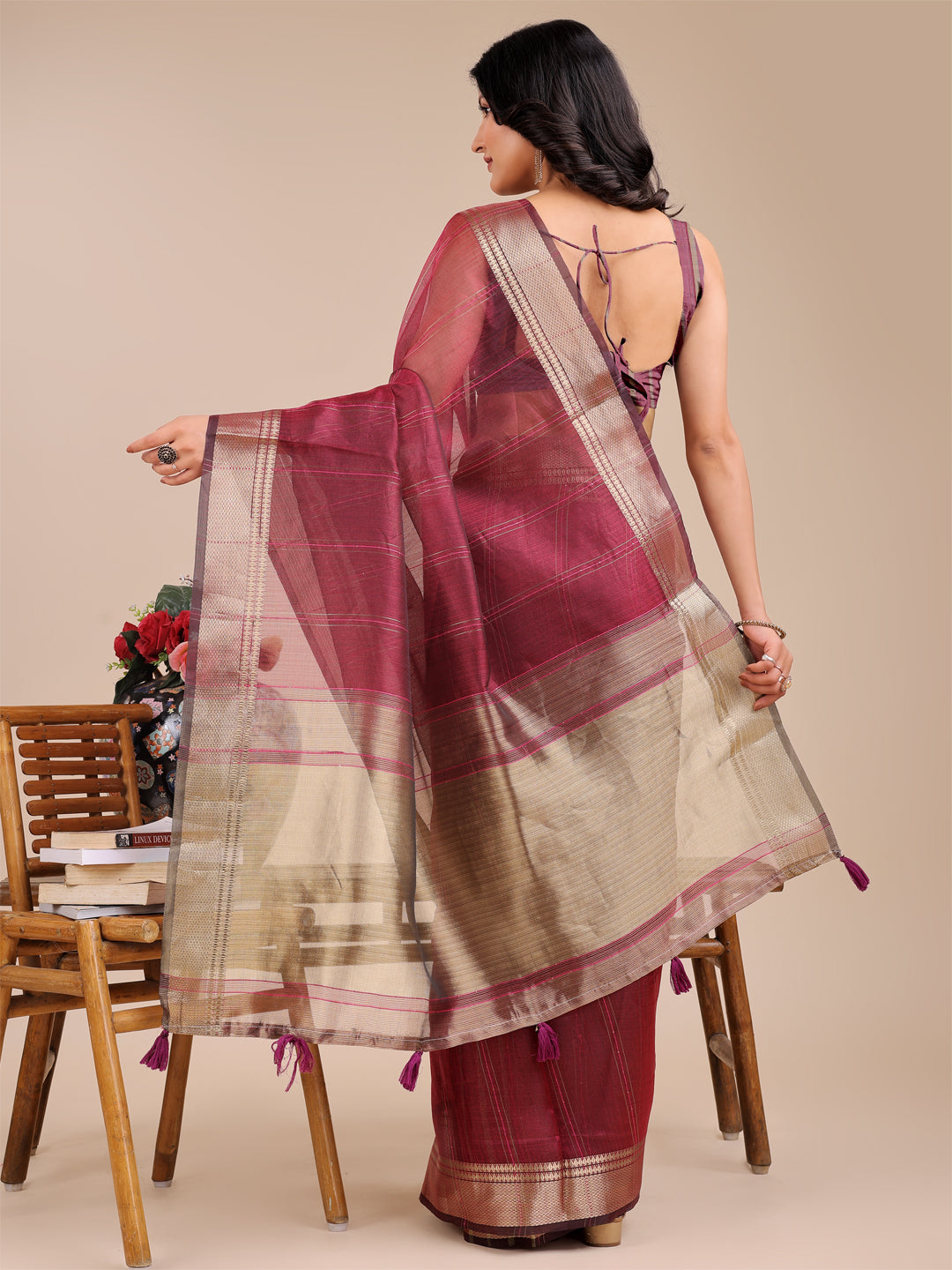 Magenta Organza Saree with Golden Border – Bold Elegance in Every Drape