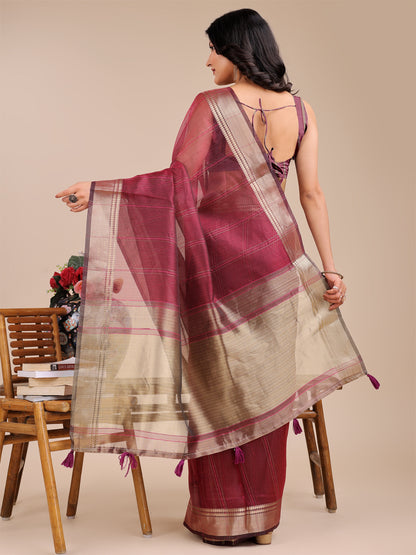 Magenta Organza Saree with Golden Border – Bold Elegance in Every Drape