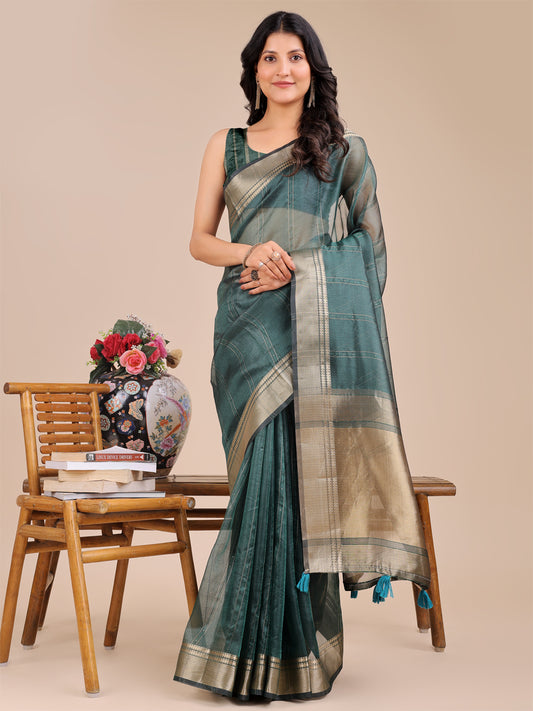 Dark Green Organza Saree with Golden Border – Bold Elegance in Every Drape