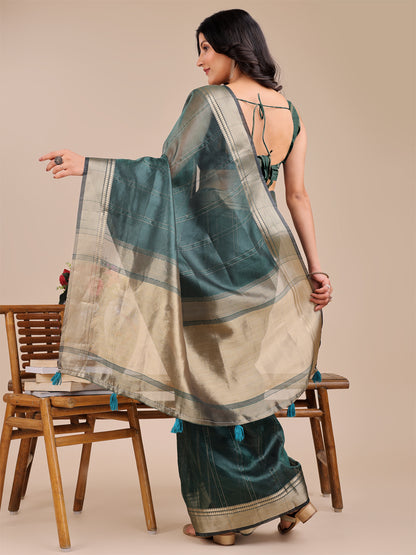 Dark Green Organza Saree with Golden Border – Bold Elegance in Every Drape