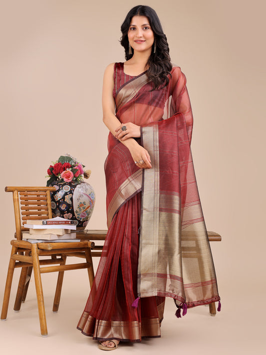 Maroon Organza Saree with Golden Border – Bold Elegance in Every Drape