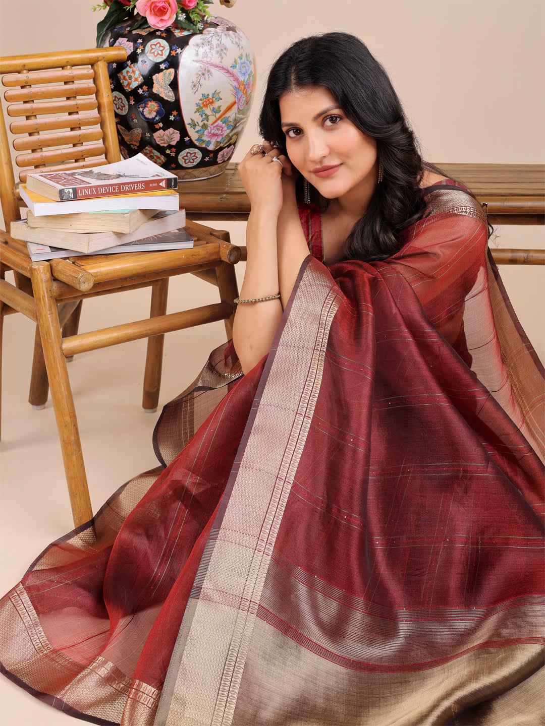 Maroon Organza Saree with Golden Border – Bold Elegance in Every Drape