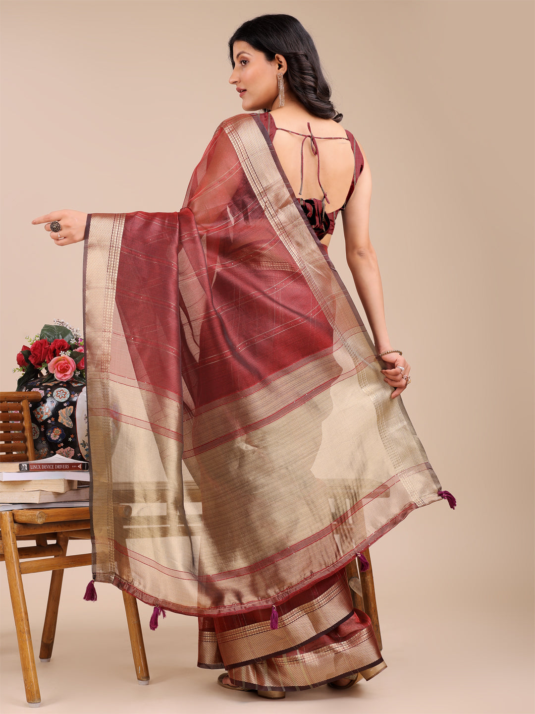 Maroon Organza Saree with Golden Border – Bold Elegance in Every Drape