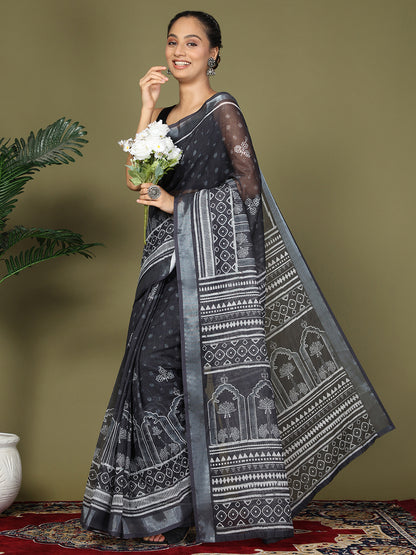 Astita Black Printed Cotton | Comfortable Daily & Office Wear Saree for Women