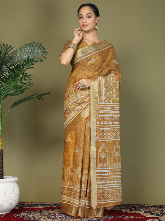 Astita Golden Printed Cotton Comfortable Daily & Office Wear Saree for Women
