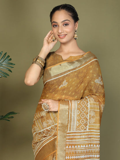 Astita Golden Printed Cotton Comfortable Daily & Office Wear Saree for Women