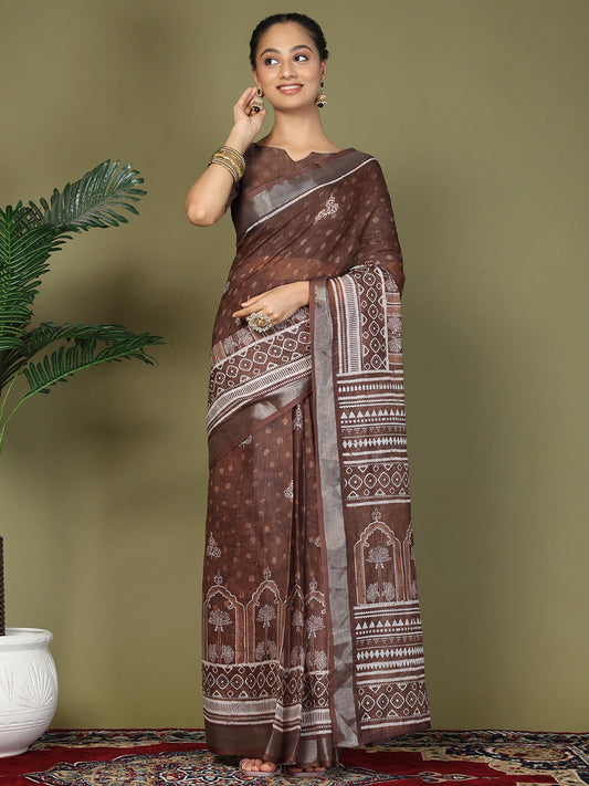 Astita Brown Printed Cotton Comfortable Daily & Office Wear Saree for Women