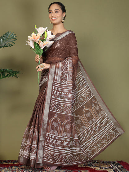 Astita Brown Printed Cotton Comfortable Daily & Office Wear Saree for Women