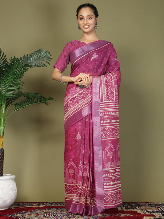 Astita Purple Printed Cotton Comfortable Daily & Office Wear Saree for Women