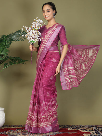 Astita Purple Printed Cotton Comfortable Daily & Office Wear Saree for Women