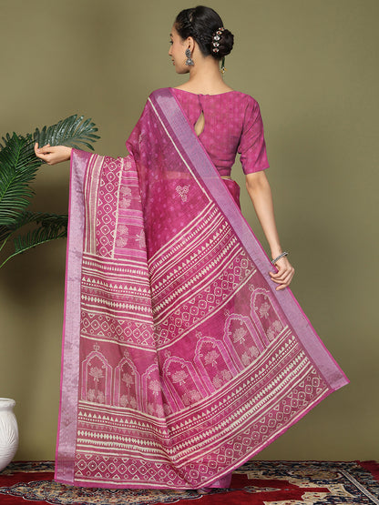 Astita Purple Printed Cotton Comfortable Daily & Office Wear Saree for Women
