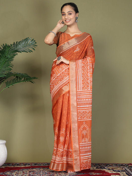 Astita Orange Printed Cotton Comfortable Daily & Office Wear Saree for Women