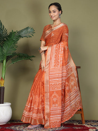 Astita Orange Printed Cotton Comfortable Daily & Office Wear Saree for Women