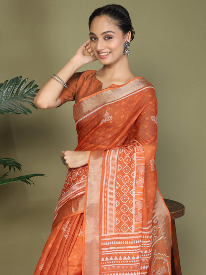 Astita Orange Printed Cotton Comfortable Daily & Office Wear Saree for Women
