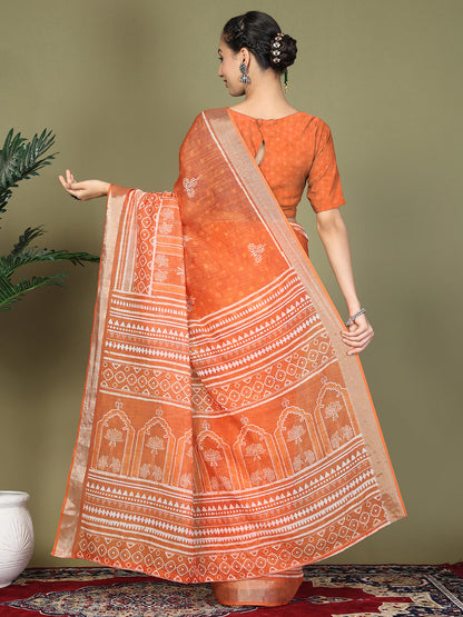 Astita Orange Printed Cotton Comfortable Daily & Office Wear Saree for Women