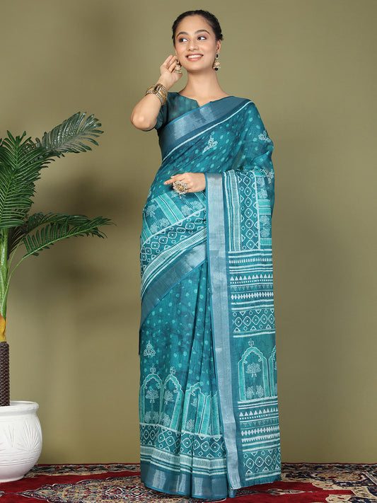 Astita Sea Green Printed Cotton Comfortable Daily & Office Wear Saree for Women