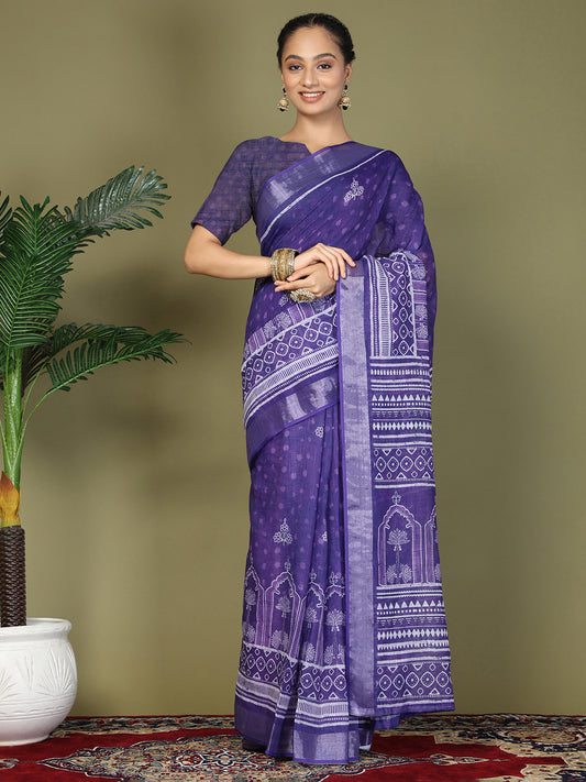 Astita Violet Printed Cotton Comfortable Daily & Office Wear Saree for Women