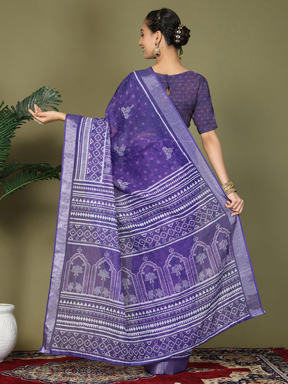 Astita Violet Printed Cotton Comfortable Daily & Office Wear Saree for Women